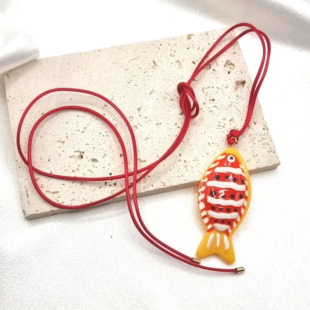 New! ZARA Fish Cord Necklace | Red & Orange Resin Pendant | NWOT